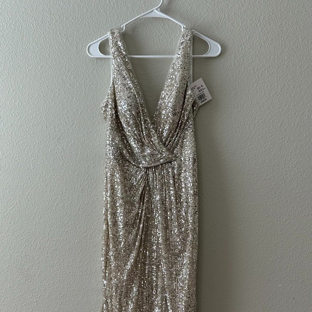 David's Bridal Exclusive- Allover Sequin Pleated V-Neck Gown with Slit  Size 6